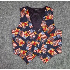111 Main Vest Womens L Blue Patriotic Teddy Bear American‎ Flag Fireworks Y2K